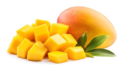 Ripe mango with diced pieces and leaves isolated on white background.