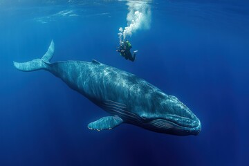 Naklejka premium A scuba diver swims alongside a massive blue whale in the clear blue ocean.