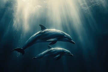 Fototapeta premium Two dolphins swim through a sunbeam in the deep blue ocean.