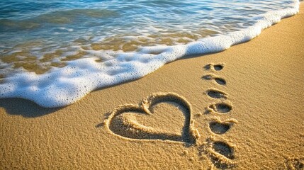 A trail of footprints leading to a heart drawn in the sand near the water's edge.
