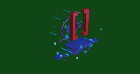 Red square brackets symbol on a pedestal of abstract geometric shapes floating in the air. Abstract concept art with flying shapes in the center. 3d illustration on green background