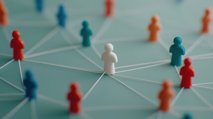 A central white figure connects with colorful figures through lines, symbolizing networking or social connections.