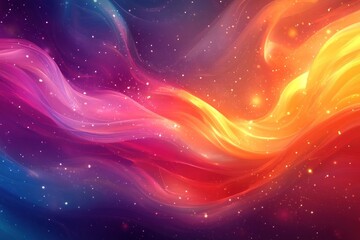 Abstract swirling design of blue, purple, pink, and orange lights with a glittery background.