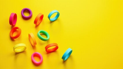 Naklejka premium Vibrant silicone bracelets scattered on a bright yellow background.