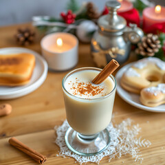 Homemade eggnog with cinnamon on wooden table Typical Christmas dessert