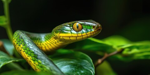 Fototapeta premium A close up view captures the stunning and non dangerous metallic vine snake, showcasing its beauty and unique features in great detail.
