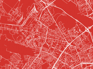 Christmas Map of Bielany, Poland in Snowy White on Festive Red Background.