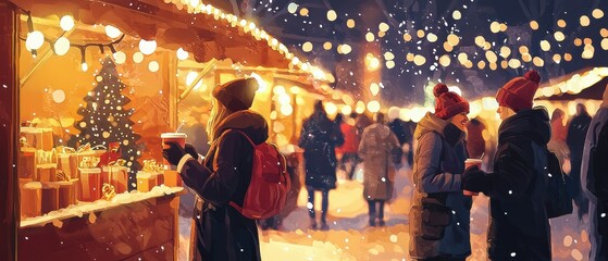 Cozy nighttime winter wonderland a festive holiday market photography celebration