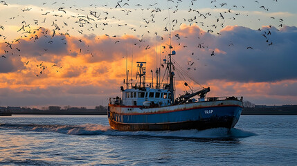 Obraz premium Fishing Vessel Navigating Sunset Waters, Birds in Flight, Dramatic Sky, Serene Scene, Aquatic Landscape