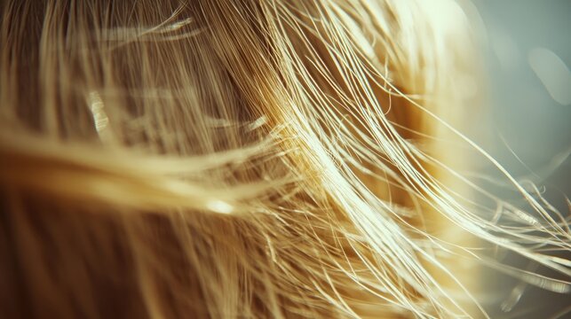Closeup of a hairstyle highlighting dried blond hair in daylight, capturing blond strands from front to rear, with a glaucium light adding shine and bokeh effects throughout the image.