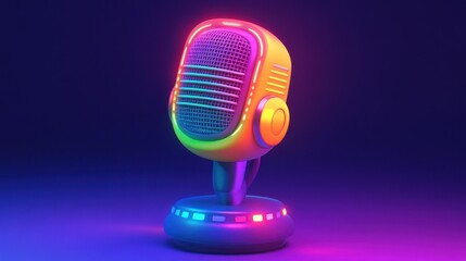 Neon Retro Microphone On Vibrant Background
