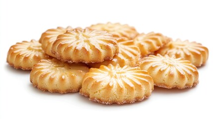 Delightful butter cookies with a rich burnt sugar glaze arranged on a clean white background, perfect for design templates. The butter cookies offer a tasty visual treat.