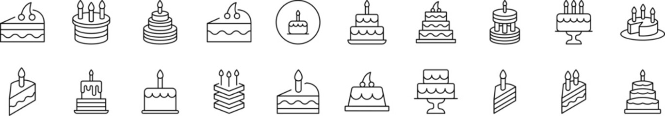 Various Cakes Icon Set for UI, Placards, Books, Apps. Editable Stroke. Suitable for Web Sites, Books, Cards, Apps