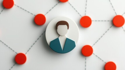 Fototapeta premium A circular icon of a person surrounded by red dots, symbolizing connections and networking in a digital or social context.