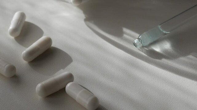 Single minerals, supplements and a dropper for Zinc, Magnesium, healthy vitamins for the body, close up, slow motion