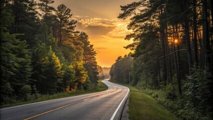 Obraz premium Serene Long Exposure of a Sunset Road Through a Tranquil Forest - Nature's Beauty, Warm Light, Scenic Drive, Peaceful Landscape, Forest Pathway, Majestic Trees, Sunset Glow