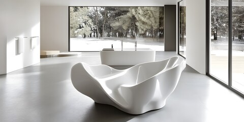 A modern, minimalist living space featuring a sculptural white sofa and a freestanding bathtub.