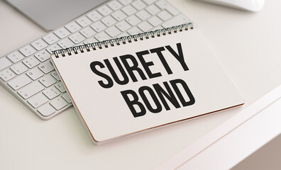SURETY BOND text on a notebook with clipboard on white background