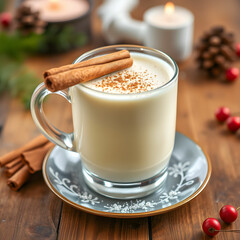 Homemade eggnog with cinnamon on wooden table Typical Christmas dessert