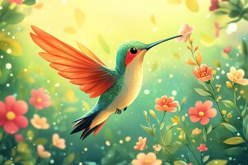 Obraz premium A vibrant hummingbird with iridescent green and blue feathers hovers in mid-air, beak extended towards a delicate pink flower, surrounded by a vibrant green and pink floral backdrop in a dreamy, 