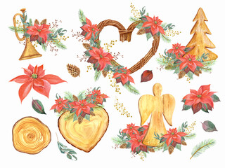 Christmas clip art, cozy christmas tree, gifts, winter season. Wooden angel, heart, poinsettia, sleigh. Hand painted in watercolor.