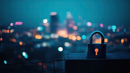 Symbolic locked padlock icon against a blurred cityscape background at night, emphasizing the themes of cyber security and data privacy, with ample photo style copy space available.