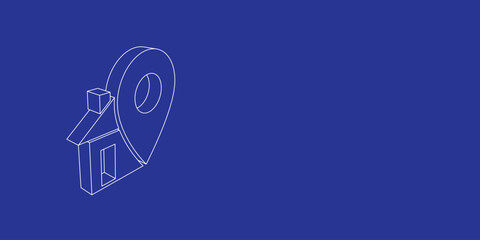 The outline of a large real estate location symbol made of white lines on the left. 3D view of the object in perspective. Vector illustration on indigo background