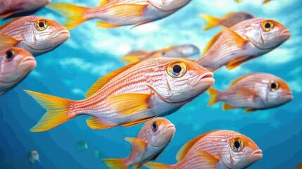 Fototapeta premium A vibrant school of fish swimming gracefully in the clear blue waters of a coral reef.