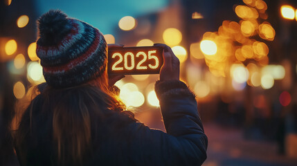 「2025」の文字が表示されているスマホを持った女性の後ろ姿　背景街の丸ボケ