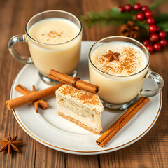 Homemade eggnog with cinnamon on wooden table Typical Christmas dessert