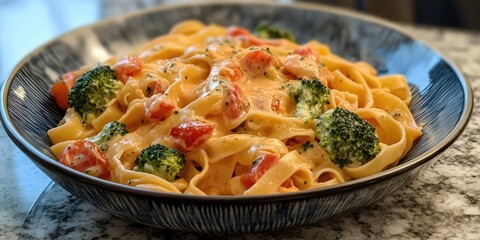 Creamy sauce made from fresh tomatoes and broccoli served over tagliatelle pasta offers a delicious, rich flavor that enhances both key ingredients.