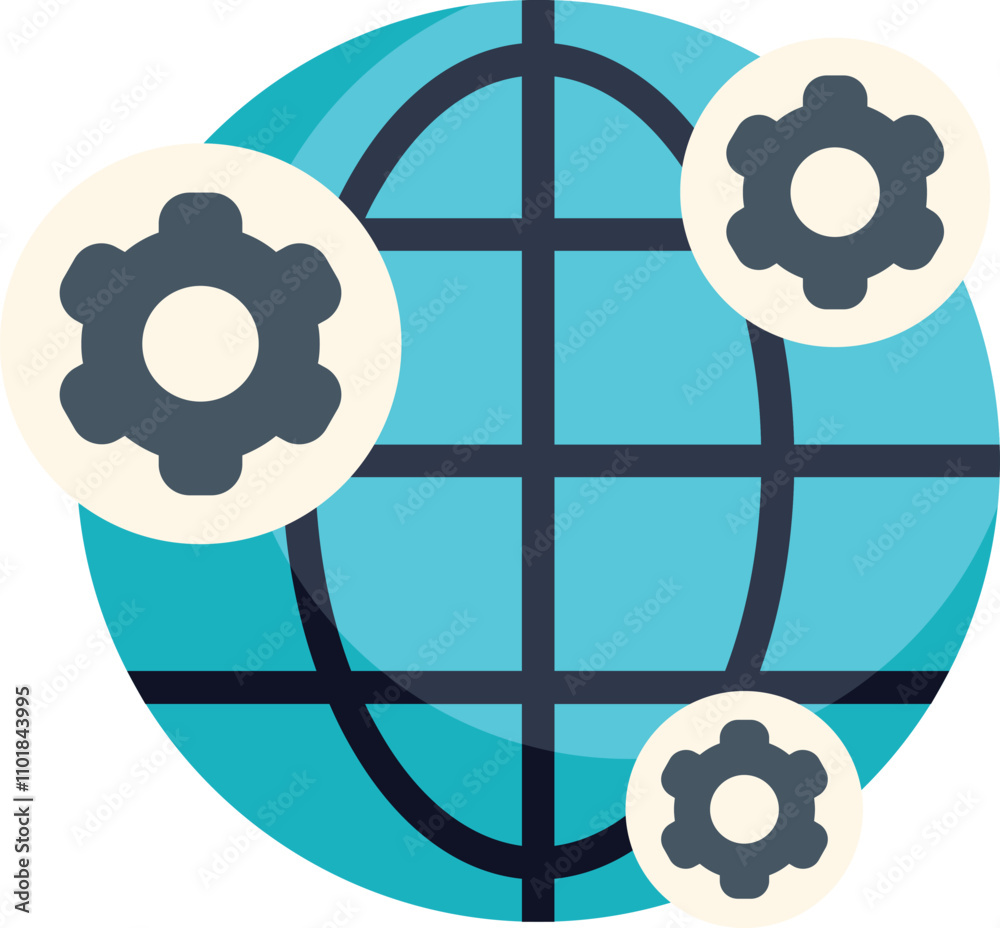 Poster global management and business processes automation concept with gears icon on world map