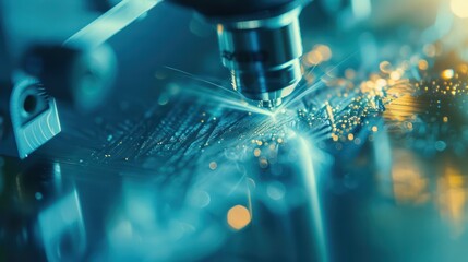 Close-up of laser beam cutting through transparent material, symbolizing precision and advanced technology.