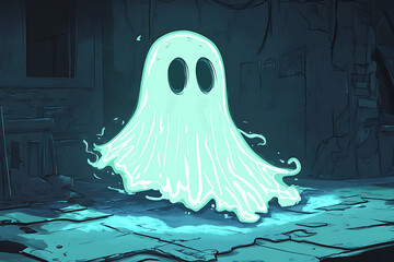 A glowing ghost figure in a dimly lit, abandoned space.