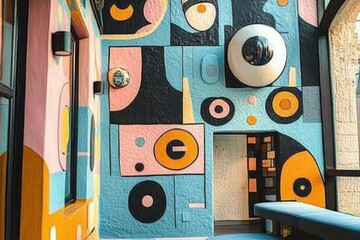 A colorful mural with geometric shapes and a large eye in the center.