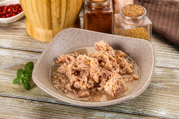Canned tuna fish in the bowl