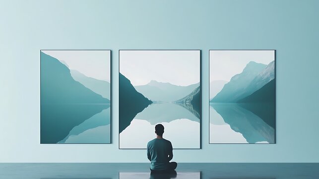 Contemplative Figure Gazing at Triptych of Serene Mountain Lake Reflections