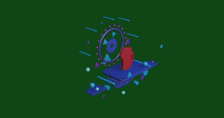 Red mug beer symbol on a pedestal of abstract geometric shapes floating in the air. Abstract concept art with flying shapes in the center. 3d illustration on green background