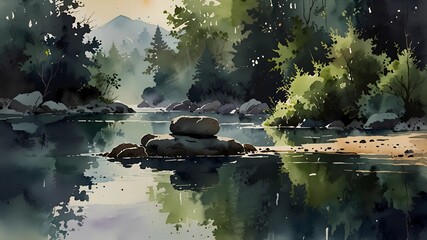 Naklejka premium Tranquil Forest Oasis with Zen Stones and Reflections
