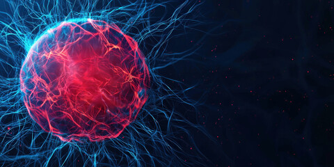 Obraz premium A vibrant, abstract representation of an energy sphere, glowing in red and blue, surrounded by intricate, luminous tendrils against a dark background.