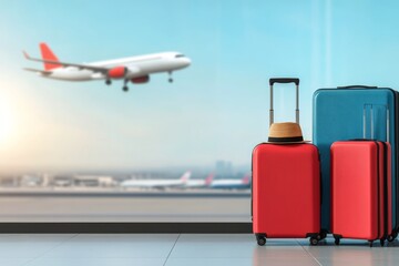 Luggage ready for travel at sunset with airplane taking off in the background