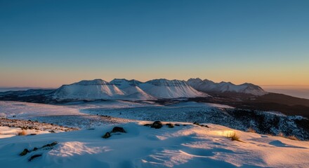 Sunrise Over Snowy Volcanic Mountains Winter Landscape Panorama