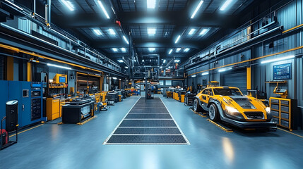 Obraz premium Futuristic Vehicle in a Modern Assembly Plant, A Sleek, Yellow Sports Car Undergoes Advanced Testing Within a High-Tech Industrial Setting.