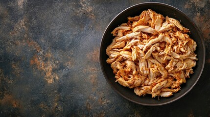 Delicious fluffy shredded chicken with a golden crust presented in a cooking pan, perfect for creating enticing meals. High-quality photo with ample copy space for versatile designs.