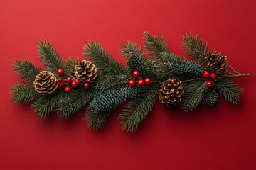 Christmas tree branches with decorations on red background, flat lay for Christmas and New Year celebration with copy space for text.