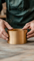 Handmade Jewelry Workshop Closeup Concept. Hands carefully assembling a golden cylindrical object on a wooden surface.