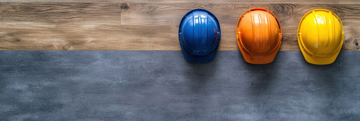Three colorful construction helmets, blue, orange, and yellow, are neatly lined up on wooden and concrete background, symbolizing teamwork and safety in construction