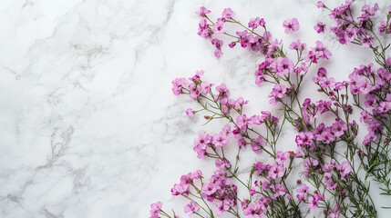 Pink flowers placed on marble surface creating a natural and elegant arrangement