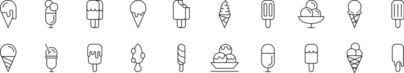 Ice Cream Icon Set for UI, Placards, Books, Apps. Editable Stroke. Suitable for Web Sites, Books, Cards, Apps