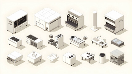 Isometric Illustration, Commercial Kitchen Equipment Collection, Diverse Appliances for Culinary Spaces
